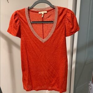 Maje Burnt Orange Linen V-Neck Puff Sleeve Tee – Size 2